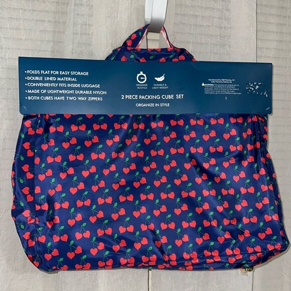 DL Cherry Print Blue Pink Green Red Gold Tone 2 Piece Travel Packing Cube Set - Picture 2 of 8